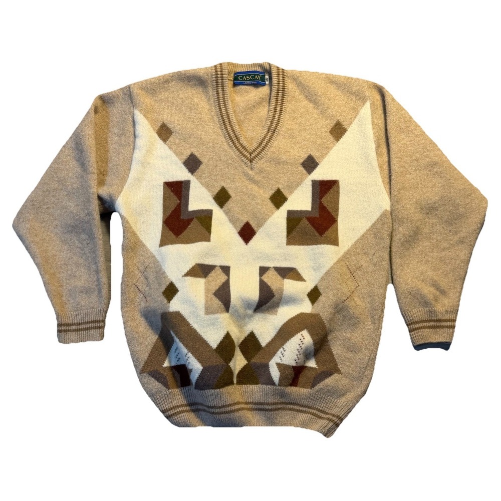 Vintage Cascay Lambswool Sweater Mens Size 40 Medium Brown Geometric V Neck Knit